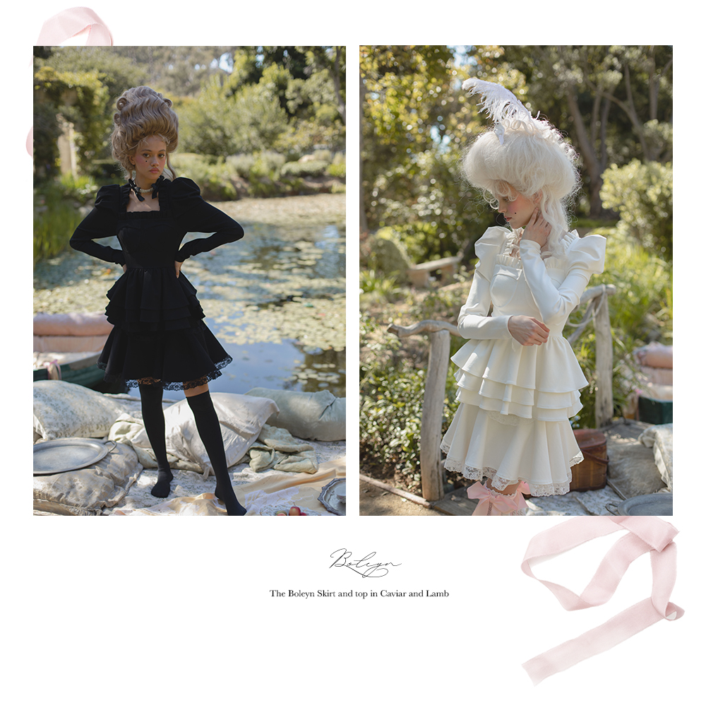 Boleyn - The Boleyn Skirt and Top in Caviar, a deep black, and Lamb, an ivory