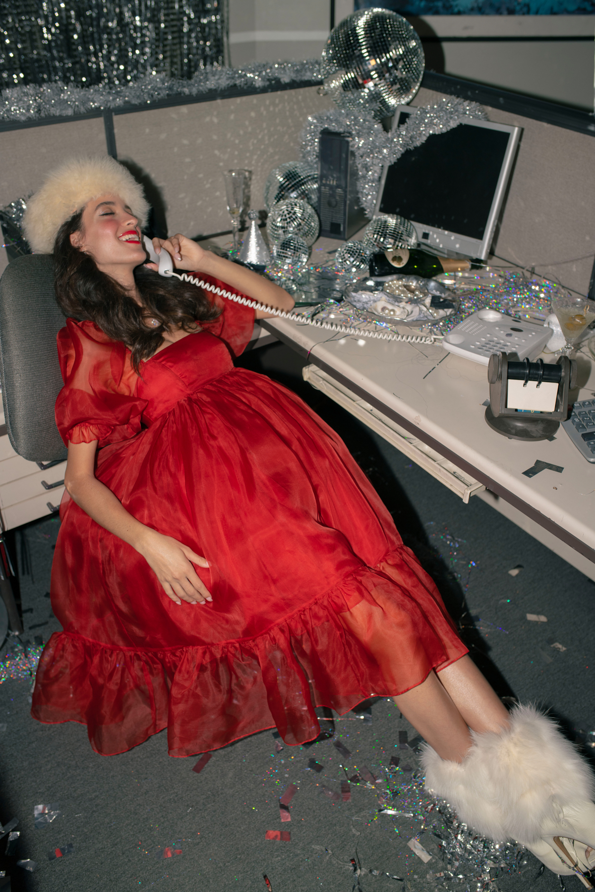 The Winter Red Silk Gauze French Puff Dress