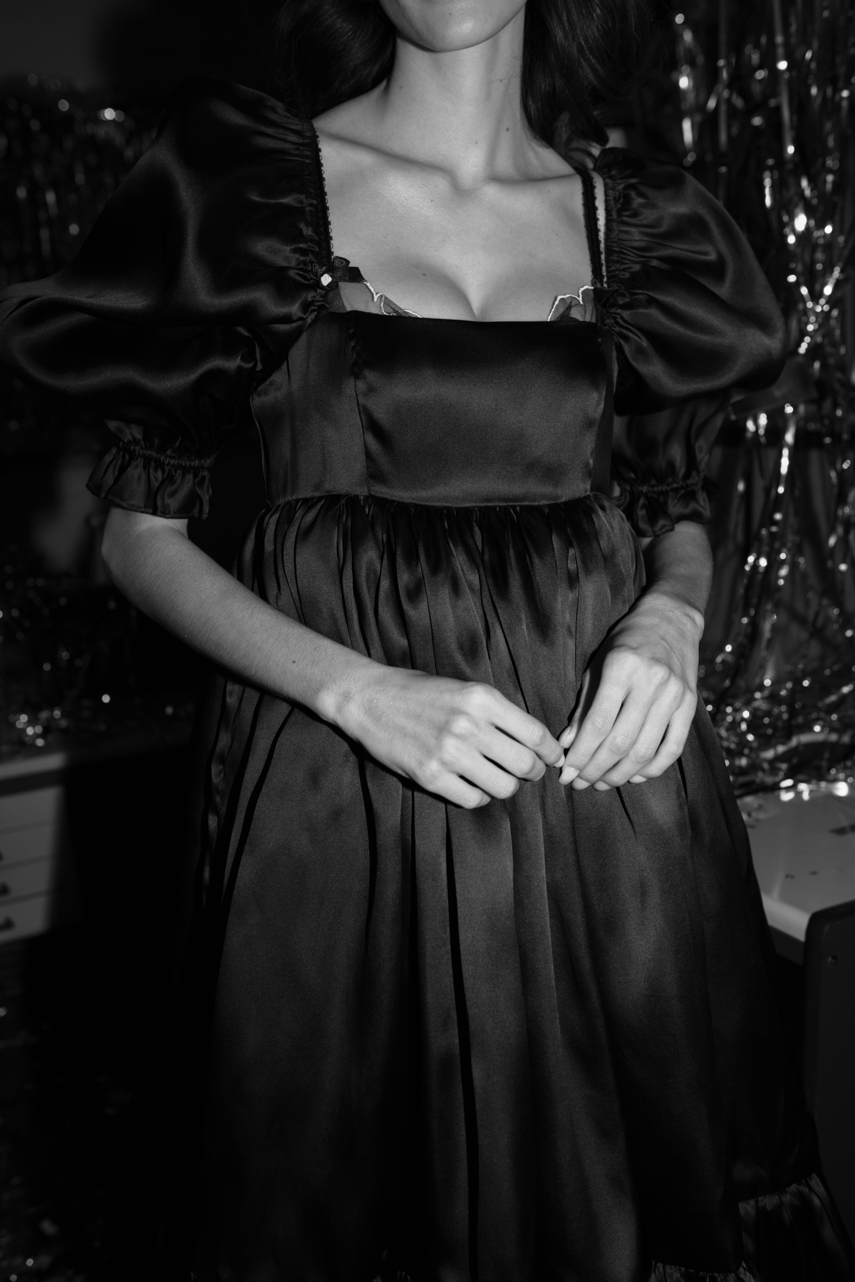 The Caviar Silk Satin Organza French Puff Dress